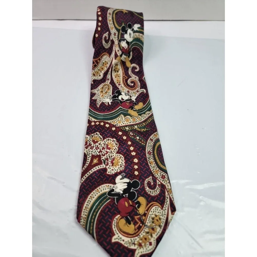 Disney Mickey Mouse Mens Silk Tie Vintage Paisley Burgundy Red Green Gold